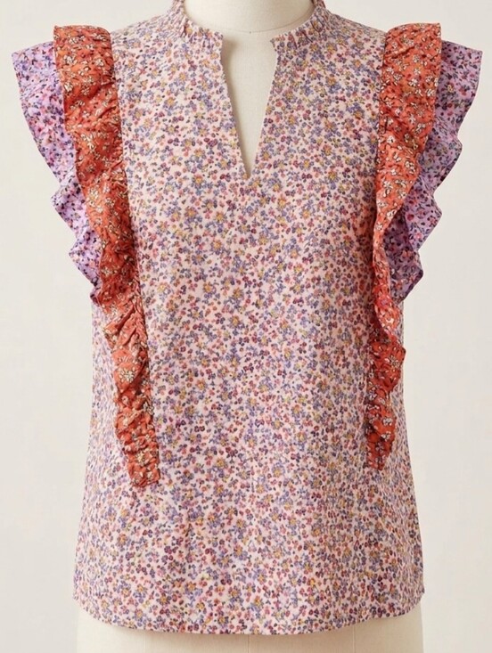 Ann Taylor Tops - Ann Taylor Floral Ruffled V-Neck Sleeveless Top Cotton Ditzy Print Blouse
